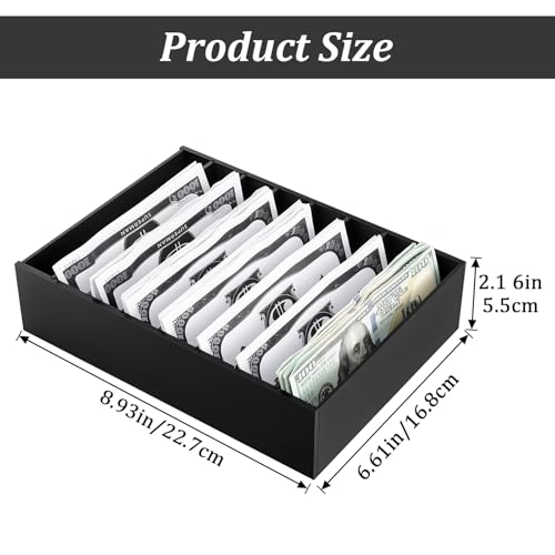 2 Pack Money Organizer for Cash Black Acrylic Money Holder with Removable Dividers, 8 Compartment Cash Drawer Tray for Bills, Mail, Cards and Office Supplies