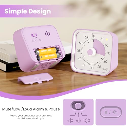 Visual Timer for Kids, Cute Timer with Pause Function, Purple | Time Management for Classroom, ADHD, Kitchen, Toddlers, Study, Alarm 3 Volume Levels, Light Indicator, Easy to Use - color: Purple