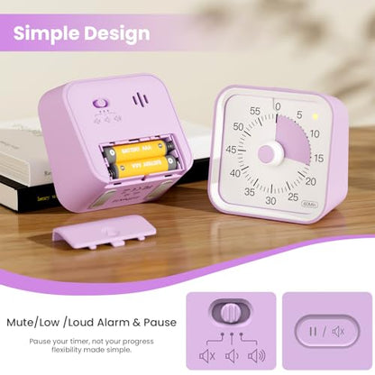 Visual Timer for Kids, Cute Timer with Pause Function, Purple | Time Management for Classroom, ADHD, Kitchen, Toddlers, Study, Alarm 3 Volume Levels, Light Indicator, Easy to Use - color: Purple