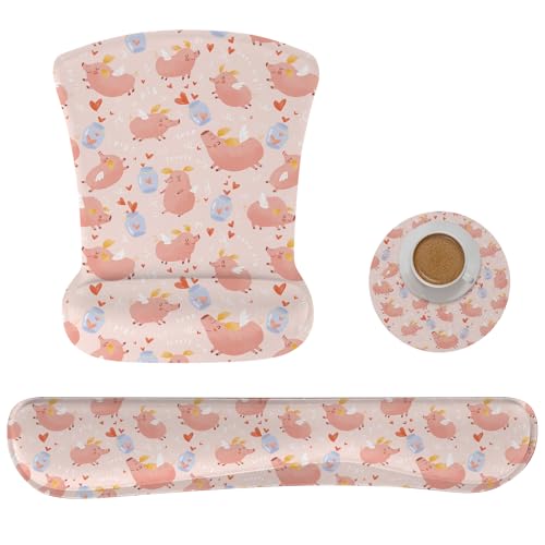 Ergonomic Memory Foam Keyboard Mouse Pad Set with Wrist Rest Support,Non-Slip Hand Wrist Cushion for Laptop/Notebook/Desktop/Computer/Gaming/Office,Easy Typing& Pain Relief (Pink Pig) - color: Pink Pig