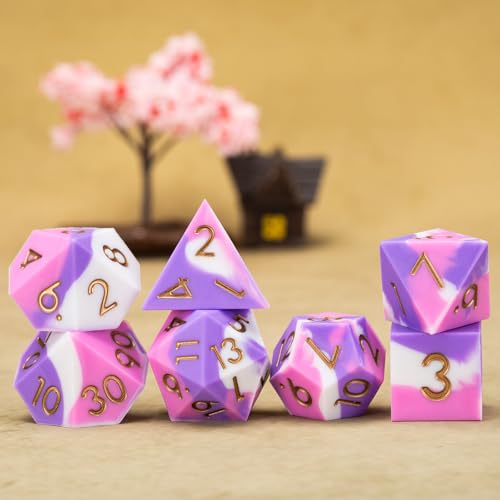 D&D Sharp Edges Dice, DND Silicone Rubber Polyhedral Dice Set 7pcs (D4, D6, D8, D10, D12, D20, D%) for Dungeons and Dragons, RPG, MTG (White Pink Purple) - color: White Pink Purple