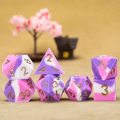 D&D Sharp Edges Dice, DND Silicone Rubber Polyhedral Dice Set 7pcs (D4, D6, D8, D10, D12, D20, D%) for Dungeons and Dragons, RPG, MTG (White Pink Purple) - color: White Pink Purple