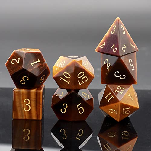 Haxtec Tiger's Eye Gemstone DND Dice Set Natural Stone Polyhedral Dice W/Premium Dice Case Compatible with Dungeons and Dragons Role Playing Board Games D&D Gift - color: Brown Gold