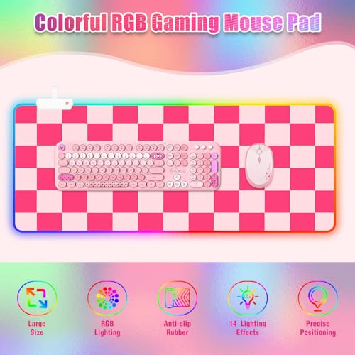RGB Gaming Mouse Pad I Large Mousepad with 14 Led Modes I Keyboard Pad Gaming Desk Mat I Non-Slip Rubber Base Mouse Mat I 900x400x4mm Waterproof Mousepad for Gaming PC MacBook I Pink Checkered - color: Pink Checkered