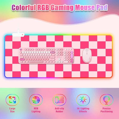RGB Gaming Mouse Pad I Large Mousepad with 14 Led Modes I Keyboard Pad Gaming Desk Mat I Non-Slip Rubber Base Mouse Mat I 900x400x4mm Waterproof Mousepad for Gaming PC MacBook I Pink Checkered - color: Pink Checkered
