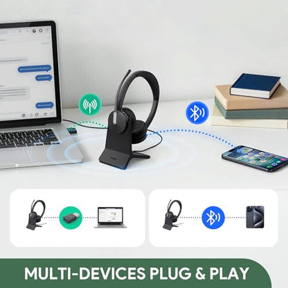 Yealink WH64 Hybrid DECT Dongle & Bluetooth Wireless Headset for Work | Teams & Zoom Work Headphones with Charge Stand, 492ft Long Range, 3X Noise Canceling Mic, 32-Hour Battery Life for Office - style: WH64 Hy-Dual with Stand
