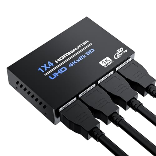 HDMI Splitter 1 in 4 Out 4K@30Hz, Powered 1x4 HDMI Video Splitter 4 Ports with Power Cord, Duplicate/Mirror Screen, Supports UltralHD 3D 1080P HDCP 1.4 for HDTV, STB, DVD, PS5/4/3, Projector, Etc