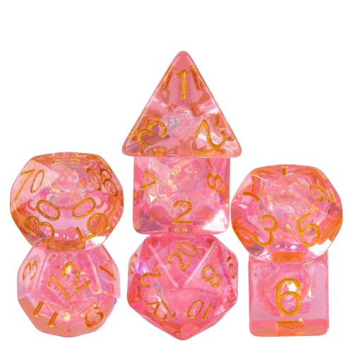 UDIXI DND Dice Set Pink Polyhedral Dice Set Sparkling Inclusions for D&D | Resin Material, Velvet Storage Bag, DM Gift, for Dungeons and Dragons Role Playing Games Tabletop Games - color: Pink