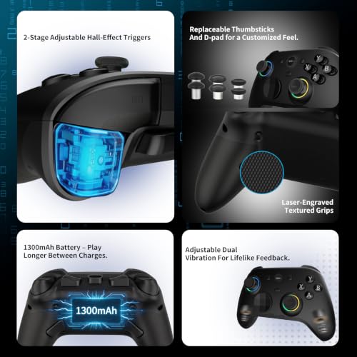 RALAN HD-151D Wireless PC Controller with Hall Effect Joysticks & Triggers, 1300mAh Battery & Custom RGB Lighting, 1000Hz Polling Rate, 2.4G/Bluetooth/USB-C, 3.5mm Audio Jack, 4 Onboard Profiles, Remappable Back Buttons Compatible with PC/Switch/Steam/And