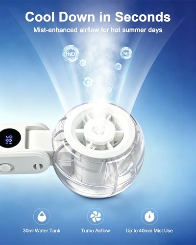 Personal Misting Fan, Rechargeable Handheld Spray Fan | 100-Speed Adjustable Cooling Fan with Water Mist Spray, Foldable Design, Lanyard Included for Outdoor Camping & Travel - color: White