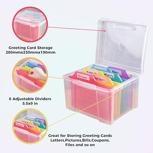 Greeting Card Storage & Organizer Box with 6 Removable Dividers for Holiday Birthday Get Well Cards Photos, Crafts, Scrapbooking