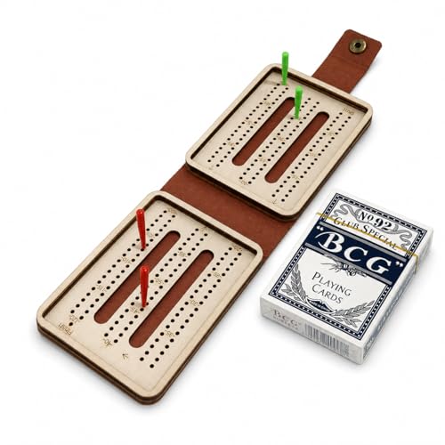 Portable Cribbage Board Set, Premium Leather Foldable Cribbage Game with Playing Card & Pegs, Pocket Size for Camping, Travel, Adventures & Unique Gift for Father's Day, Christmas & Cribbage Lovers