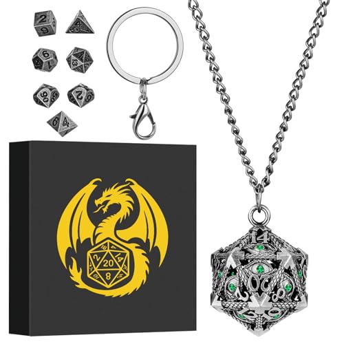 Mini DND Dice Set with Hollow D20 Metal Case Portable Keychain Necklace, Tiny 7pcs Polyhedral D&D Dice Set, DND Gifts with Gift Box, D&D Accessories for RPG（Green Diamond, Silver） - color: Dark Silver