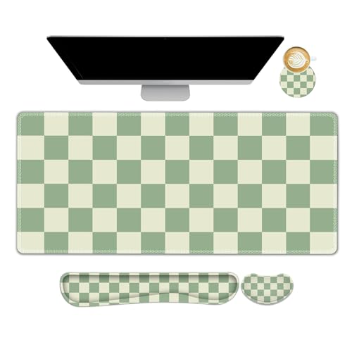 Large Gaming Mouse Pad Set, 4 in1 Ergonomics Keyboard Desk Mat with Memory Foam Wrist Rest, Extended Game Mousepad, Non-Slip Desk Pad Matt Easy Typing Pain Relief I Green Checkered - color: Green Checkered