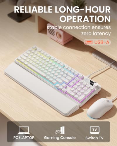 EWEADN Wired Keyboard and Mouse Combo with Detachable Wrist Rest, Quiet Ergonomic Keyboard Mouse Set with Multimedia Knob, RGB Backlit, Double-Shot Keycaps Natural Typing for Laptop, PC - White - color: White