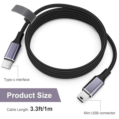 Replacement USB-C to Mini USB Charging Data Transfer Cable Cord Compatible with Canon EOS Rebel T5i T6 T6i T7i, PowerShot ELPH/Rebel/EOS Cameras , PS3 Controller, Dash Cam, for GoPro Hero 3+ 3.3FT
