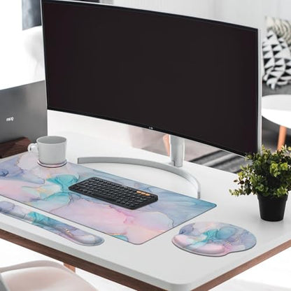 Britimes Blue Purple Liquid Marbling Keyboard Mouse Pad Set 4in1 Large Mousepad+Keyboard Wrist Rest+Mouse Wrist Rest+Coaster Ergonomic Design for Home Office Computer 35.4x15.7 inches - color: Blue Purple Marbling