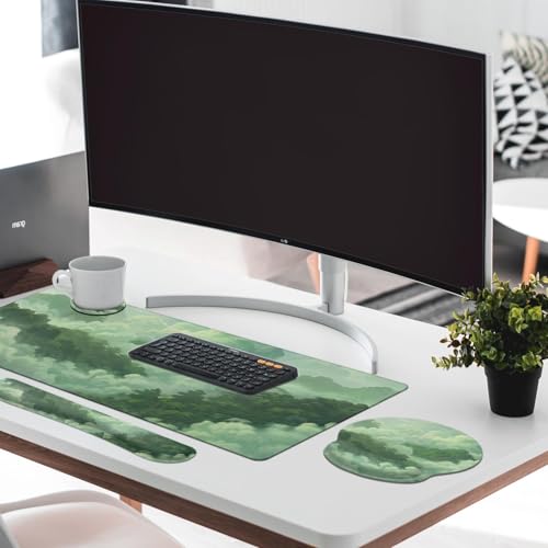 Britimes Green Cloud Keyboard Mouse Pad Set Forest Mountain Aesthetic 4in1 Large Mousepad+Keyboard Wrist Rest+Mouse Wrist Rest+Coaster Ergonomic Design for Home Office Computer 35.4x15.7 inches - color: Cat at the Window