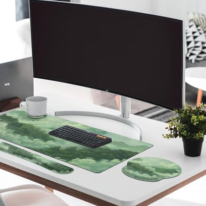 Britimes Green Cloud Keyboard Mouse Pad Set Forest Mountain Aesthetic 4in1 Large Mousepad+Keyboard Wrist Rest+Mouse Wrist Rest+Coaster Ergonomic Design for Home Office Computer 35.4x15.7 inches - color: Cat at the Window