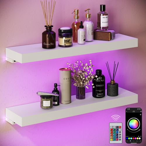 BAMEOS Floating Shelves with RGB LED for Wall, Sturdy Shelves with Light, Wall Mounted Display Shelves, Set of 2, Hanging Shelf for Bathroom, Bedroom, Kitchen, Living Room Storage, White - color: White-rgb, size: 24 x 6