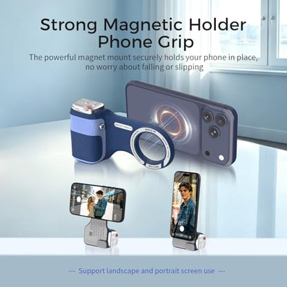 Upgraded Mag-Safe Magnetic Camera Handle Grip with Extended Magnetic Phone Mount with Carabiner & Thumb Rest, Detachable Rechargeable Shutter Remote Compatible with iPhone Pro Max for Video Calls/TK - color: Blue, size: ARCO Biner