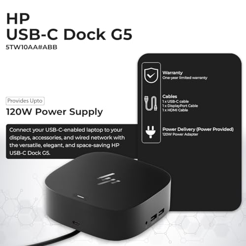 HP USB-C Dock G5 and Charging Bundle - HP Docking Station Dual Monitor 5TW10AA / 5TW10UT / 5TW10AA#ABB with 120W Adapter, HDMI, DisplayPort, USB-C Cables + Microfiber Cloth (Renewed)