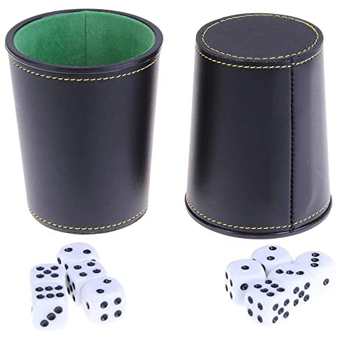 Leather Dice Cup, Quite Felt-Lined Interior, 6 Shaker Cups and 30 Dot Dices, one Carry Bag (Black and Green) - color: Black and Green