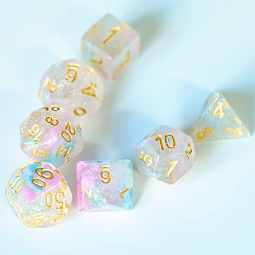 UDIXI Glitter DND Dice Set, Galaxy D&D Polyhedral Dice Set Iridecent Swirls | Pink & Cyan Colors, Gold Number, Velvet Dice Bag Packaging, for Dungeons and Dragons Role Playing Games and Tabletop Games - color: Pink Cyan