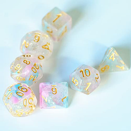 UDIXI Glitter DND Dice Set, Galaxy D&D Polyhedral Dice Set Iridecent Swirls | Pink & Cyan Colors, Gold Number, Velvet Dice Bag Packaging, for Dungeons and Dragons Role Playing Games and Tabletop Games - color: Pink Cyan
