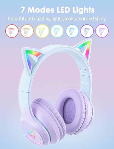 Cat Ear Bluetooth Headphones with Micphone for Kids & Adults, LED Light Up Wireless HI-FI Sound Quality, Over-Ear Headphones with Volume Control for iPhone/iPad/Laptop/PC(55H Play Time) - style: Adults-105dB-Purple