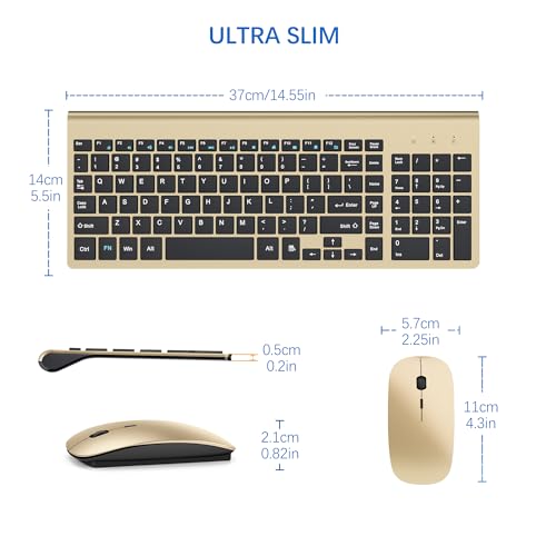 Wireless Keyboard and Mouse Ultra Slim Combo, TopMate 2.4G Silent Compact USB 2400DPI Mouse and Scissor Switch Keyboard Set with Cover, Batteries Included, for PC/Laptop/Windows/Mac - Gold Black - color: Gold Black