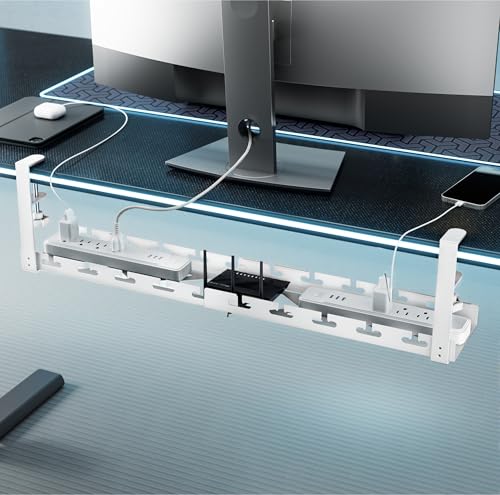 ARES WING 17"-28.7" Extendable Under Desk Cable Management Tray, No-Drill | Clamp-on Metal Cord Organizer with Cable Slots, Holds up to 11 lbs Desk Storage for Office and Gaming Accessories, White - color: White