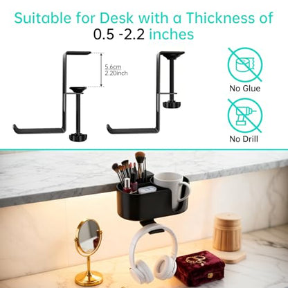 4-in-1 Desk Organizer Cup Holder Clamp-on Under Desk Office Home Storage | Carbon steel hook holds 11lb.Detachable storage box.Frees up desk space.Holds cup/headset/bag/phone/pen/stationery.No tools.