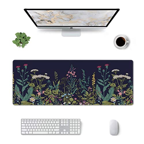 Flower Extended Gaming Mouse Pad Abstract Black Desk Mat 31.5x11.8 Inch Floral Texture Non-Slip Rubber Base Weeds Mousepad Stitched Edges Keyboard Mouse Mat Desk Pad for Office Home Game - color: Flower