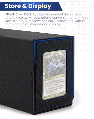 MRAUF MTG Deck Box with Double Commander Display and Dice Tray, Fits 200+ Double Sleeved Cards, Card Storage Box Plus 2 Magnetic Holders& 100Pcs Card Sleeves (Black& Blue) - color: Black& Blue