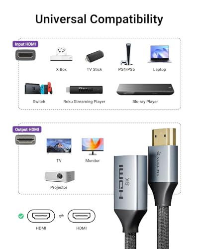 VCELINK 8K HDMI Extender Cable, 48Gbps Male to Female Adapter, 2 Pack | 8K@60Hz, 4K@120Hz/144Hz, HDCP 2.2/2.3, Compatible with Roku TV Stick, HDTV, Game Console, Laptop - size: 0.6FT, style: 2 PACK