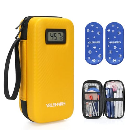 YOUSHARES Insulin Cooler Travel Case with Temperature Display, GLP-1 Diabetic Medicine Cooling Bag for Mounjaro, Refrigerated Diabetes Storage Kit with 2 TSA Approved Ice Pack - color: 00_bright Yellow