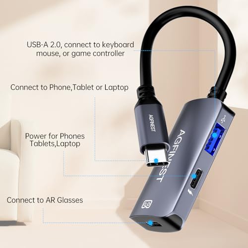 USB C to AR Glasses with Charging Adapter Enables Multi-Screen Enhanced 3D 4K@60Hz PD 100W Compatible for iPhone 15/16 Viture/Rokid/Xreal AR Glasses - color: Blue Grey