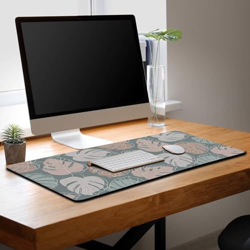 Large Desk Mat Green, Gaming Mouse Pads Office Desk Pad, Keyboard Desk Mat Non-Slip Rubber Base Waterproof with Stitched Edges, 35.4 X 15.7 inch for Work/Game/Office/Home Tropical Monstera - color: Tropical Green Monstera