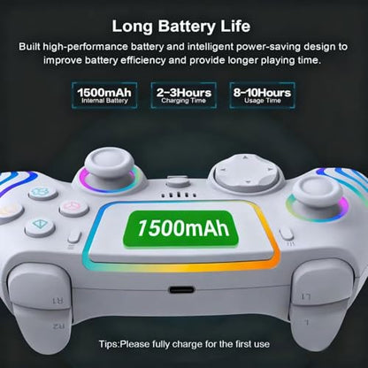 RGB Wireless Game Controller for PlayStation 5 Bluetooth Replacement Gamepad for PS-5/ Windows PC Rechargeable Double Vibration Motion Sensor Joystick Remote Joypad with 1500mAh Battery,Turbo (White) - color: White
