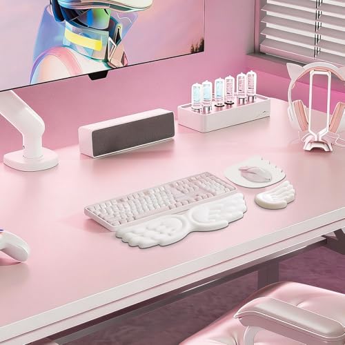 JIKIOU Angel Wing Wrist Rest Ergonomic Memory Foam Wrist Rest for Keyboard | Cute Savior of Wrist Pain, PU Leather Surface, Anti-Slip Base, Waterproof, Compatible with Most Keyboards & Mice, White