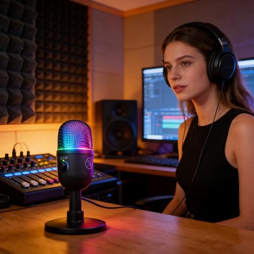 USB Computer Microphone with RGB Light, Headphone Output, Mute Control and OTG Cable for PC Laptop, Black - color: Black, size: One Size
