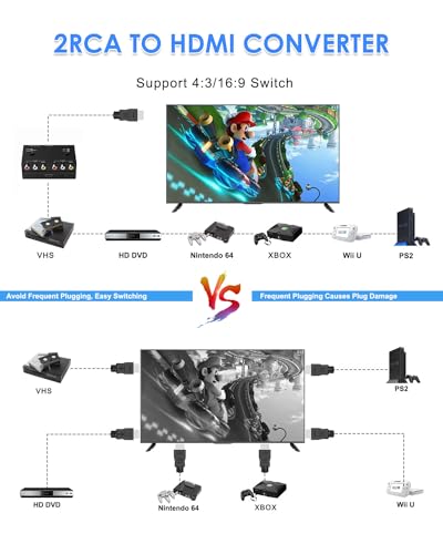 2 Port RCA to HDMI Converter, Dual AV to HDMI Converter Supports 16:9/4:3 Composite to HD MI Adapter Support 1080P PAL/NTSC Compatible with Sega/Xbox/PS1/PS2/PS3/WII/N64/VHS, VCRs, and DVD Players - size: 2 Port RCA to HDMI Converter