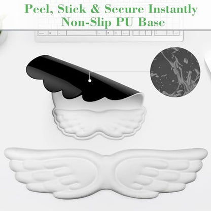 Angel Wing Wrist Rest Set, Ergonomic Keyboard Mouse Wrist Support Memory Foam Cushion Hand Support，Cute Wrist Rest Pu Leather Surface Non-Slip Base for Office, Gaming, Work(3Pcs, White)