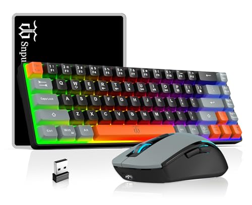 Snpurdiri 60% Wireless Gaming Keyboard and Mouse Combo,Rainbow Backlit Rechargeable 2000mAh Battery,Mini Mechanical Feel Keyboard + Popular RGB Mice for Gaming,Business Office(Gray-Black-Orange) - color: Black Gray Orange Combo