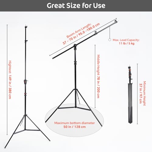 KATE Photography Light Stand with Boom Arm, 3-in-1 Heavy Duty Aluminum Alloy 12.5ft Tripod Stand with 2 Empty Sandbag, 11lbs Max Load for Video Light, Softbox, Strobe, Reflector, Camera