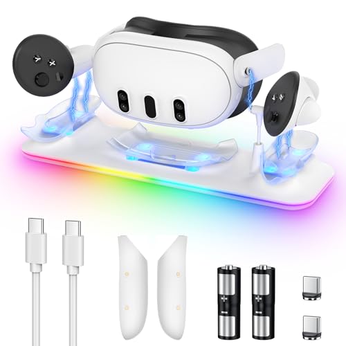 Charging Dock for Meta Quest 3S/3, YUANHOT Fast Charging Station with Color RGB Light for Oculus Quest 3S/3 Accessories, Magnetic Charger Stand for Headset/Controller with 2 Rechargeable Batteries