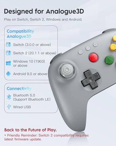 8Bitdo 64 Bluetooth Controller for Analogue 3D, Switch, Switch 2, Windows, Android – Hall Effect Joystick, Vibration, Turbo Function – Gray - color: Gray