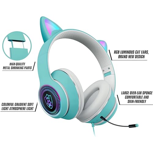 Cat Ear Gaming Headphones Wired AUX 3.5mm with LED Light, VIGROS Flashing Stereo Game Headphones Surround Sound Over-Ear Headsets with Microphone Fit Kids & Adult for PC, PS4, Switch, Mobile, Laptop - color: Light Blue