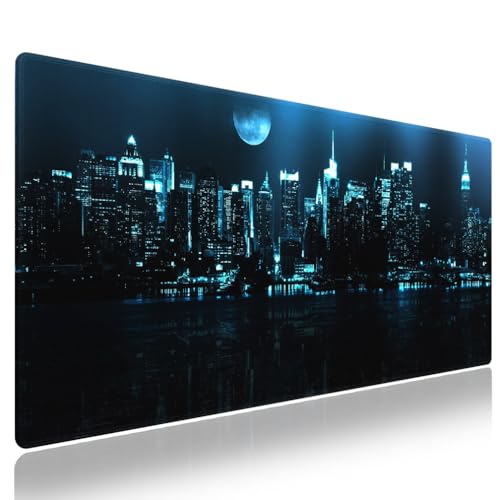 New York City Skyline Large Mouse Pad, NYC Night Landscape Blue Desk Mat | Keyboard Mat Stitched, 31.5" x 11.8", Neon Manhattan Skyscrapers Cityscape, Full Moon Reflection, Modern Contemporary Decor - color: Vibrant Design J12K